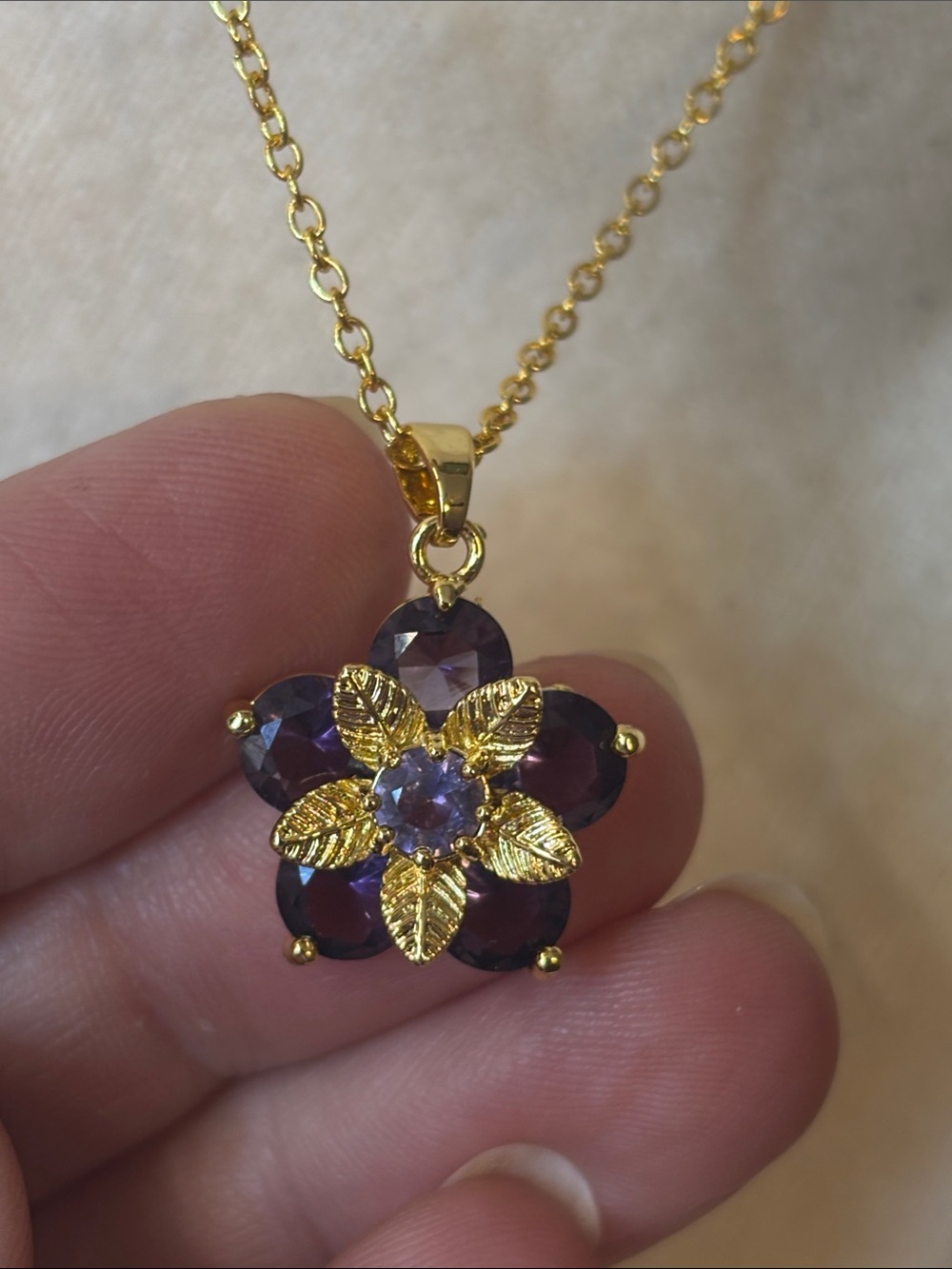 Purple CZ Floral Leaf Pendant Necklace Gold Tone